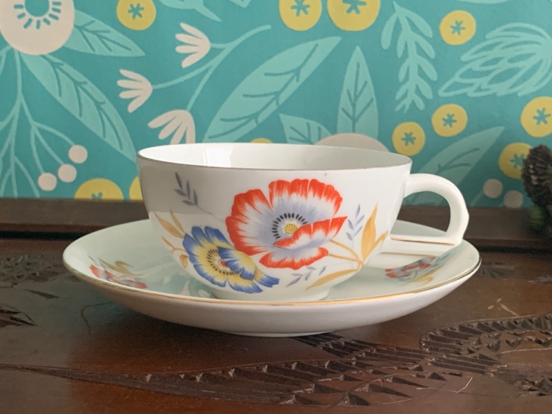 チェコスロバキア 30s Victoria China コーヒカップ＆ソーサー アールデコ お花 アンティーク 陶器