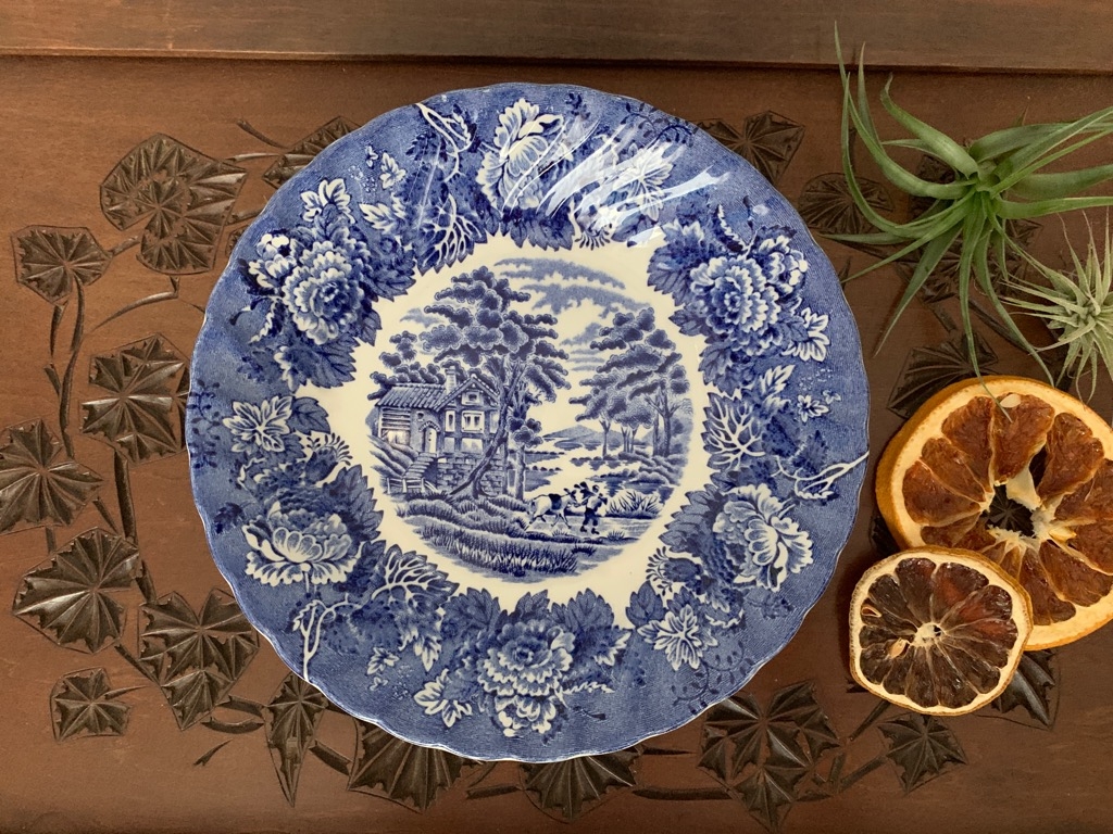 イギリス 60s Enoch Wood＆Sons(エノク ウッド＆サンズ) 陶器 ヴィンテージ プレート スープ皿 ブルー＆ホワイト お花