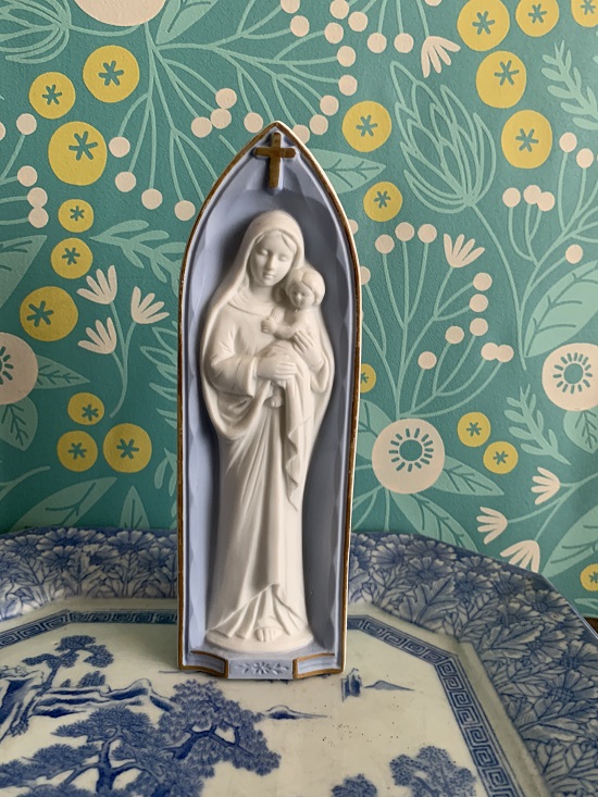 -SOLDOUT-フランス 50s 聖母マリア イエスキリスト 陶器 ブルーパープル オブジェ 置物 ヴィンテージ・アンティーク