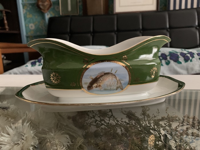 -SOLDOUT-チェコスロバキア 1941年〜45年 Epiag(エピアグ) グリーン ゴールド 魚 大皿 ソースポット 陶器 ヴィンテージ・アンティーク