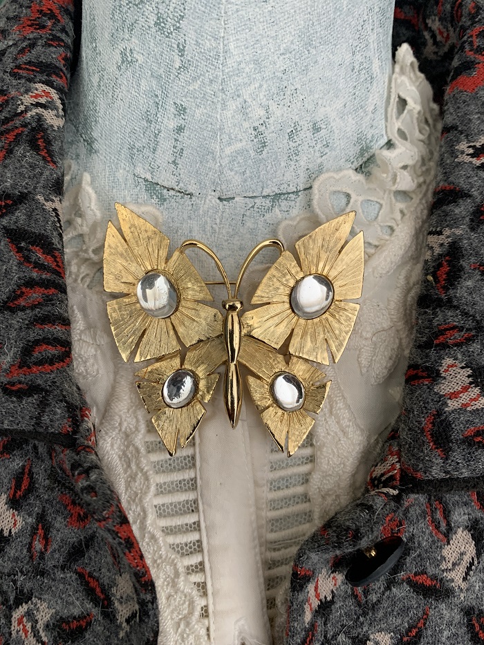 ドイツ 70s ブローチ 蝶々 バタフライ ガラス ゴールド 大ぶり ヴィンテージ