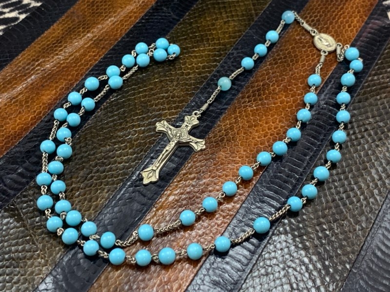 イタリア 70s ブルー陶器 ビーズ メダイ マリア イエスキリスト 十字架