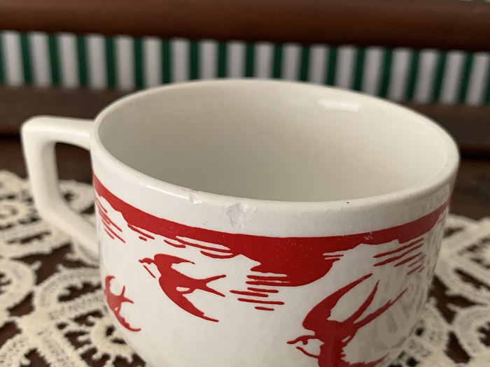 -SOLDOUT-フランス 50s ツバメ 燕 陶器 赤 アンティークコーヒーカップ