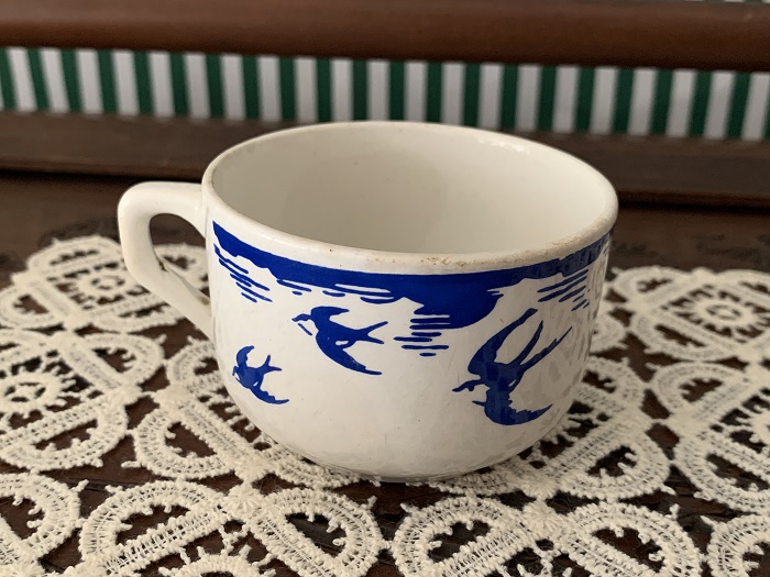 -SOLDOUT-フランス 50s ツバメ 燕 陶器 青 アンティークコーヒーカップ