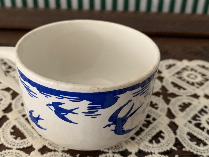 -SOLDOUT-フランス 50s ツバメ 燕 陶器 青 アンティークコーヒーカップ