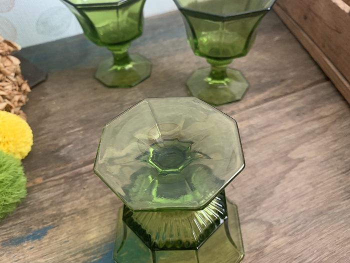 -SOLDOUT-アメリカ 60s アボカドグリーン 八角形 ヴィンテージ ゴブレット デザートグラス シャーベットグラス