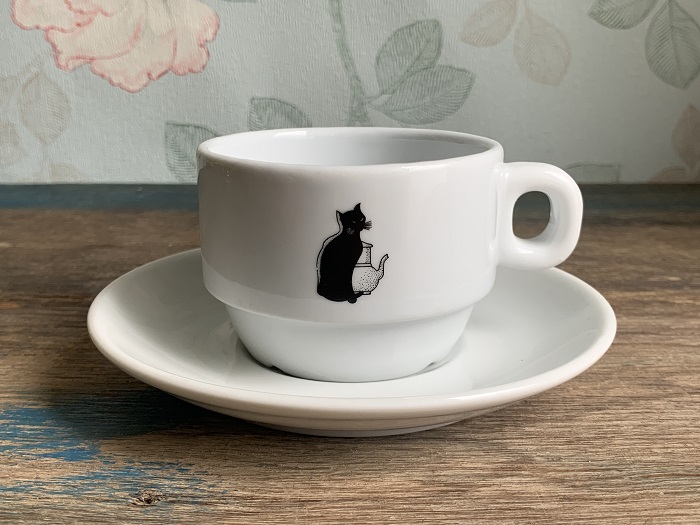 -SOLD OUT-オランダ 70s ROYAL MOSA(ロイヤルモサ) zwarte kat 黒猫 コーヒー/ティーカップ&ソーサー 陶器 ヴィンテージ