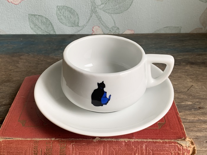 -SOLDOUT-オランダ 70s ROYAL MOSA(ロイヤルモサ) zwarte kat 黒猫 青猫 コーヒー/ティーカップ&ソーサー 陶器 ヴィンテージ