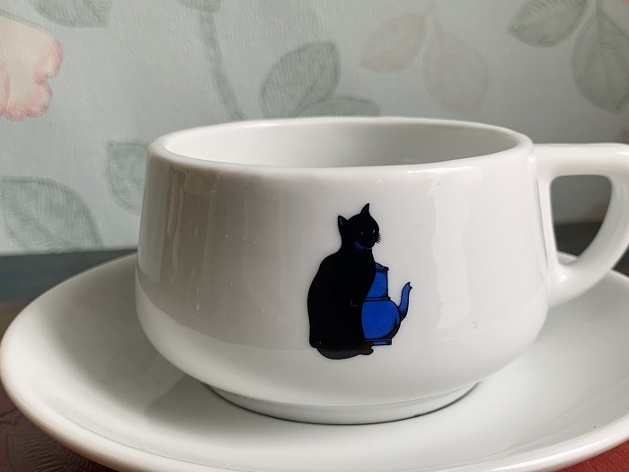 -SOLDOUT-オランダ 70s ROYAL MOSA(ロイヤルモサ) zwarte kat 黒猫 青猫 コーヒー/ティーカップ&ソーサー 陶器 ヴィンテージ