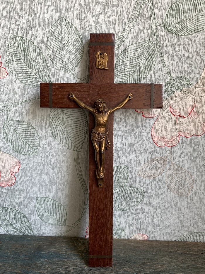 フランス INRI イエスキリスト メタル/木製 アンティーク 壁掛け 十字架 クロス