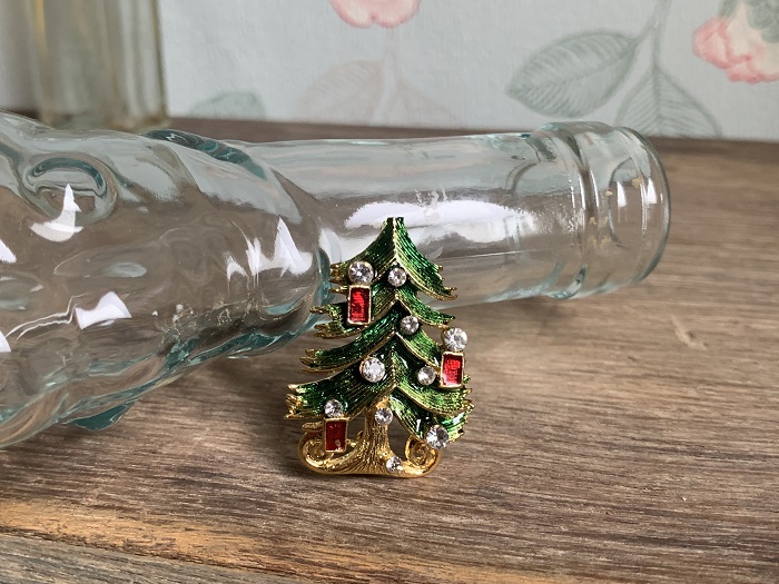 ドイツ 70s 長方形 丸形 クリスマスツリー エナメル ラインストーン ヴィンテージ・アンティーク ブローチ