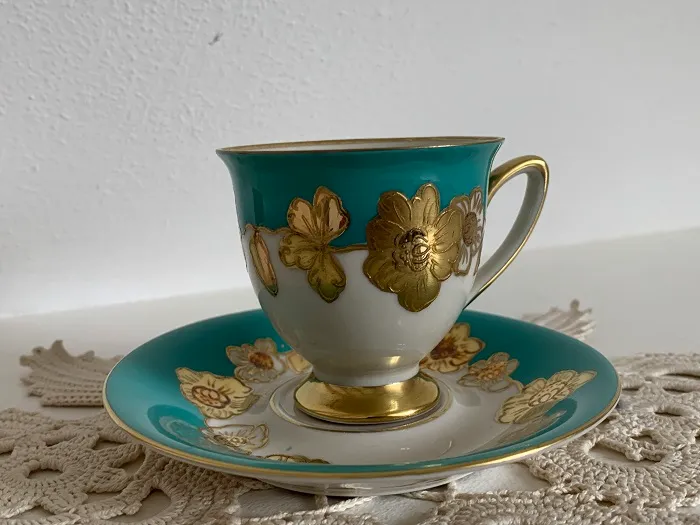 ドイツ 50s Bavaria Waldershof ババリア ゴールドのお花 コーヒーカップ＆ソーサー エメラルドグリーン ヴィンテージ 陶器