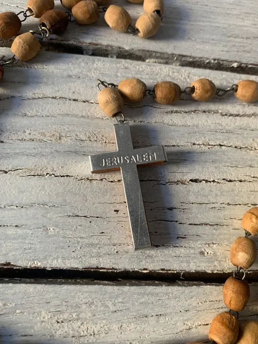フランス 50s ヴィンテージ ロザリオ 木製 チェーン 十字架 クロス