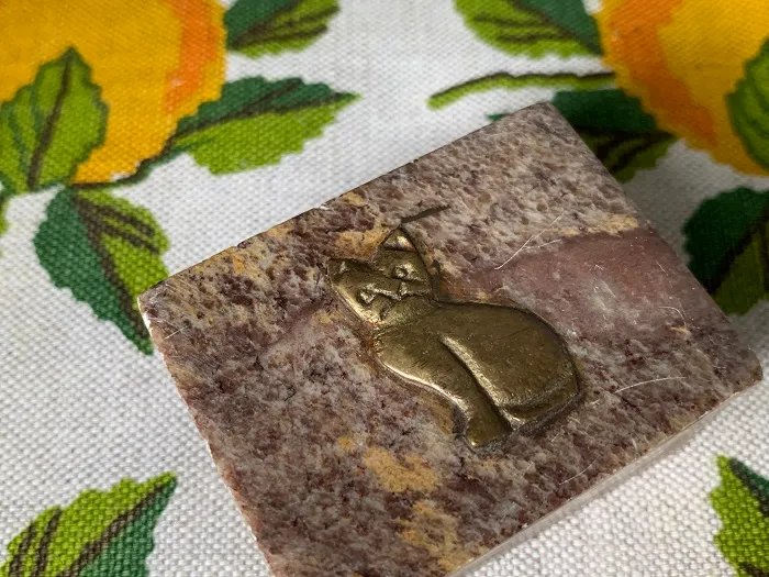 オランダ 70s 真鍮 猫 天然石 アンティーク 小物入れ ジュエリーケース