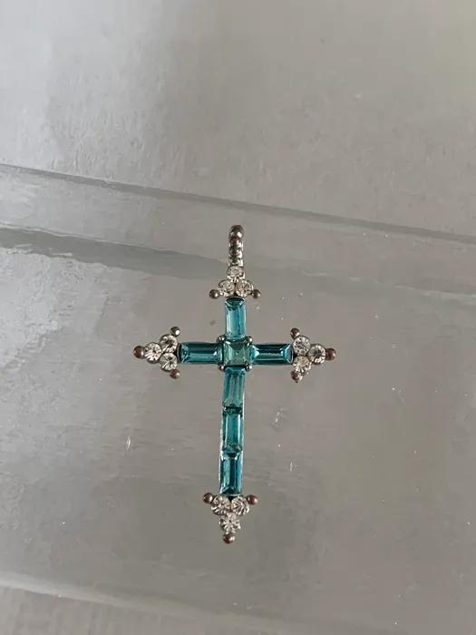 フランス 70s ペンダントトップ 十字架 クロス ブルー ガラス アンティーク ネックレス