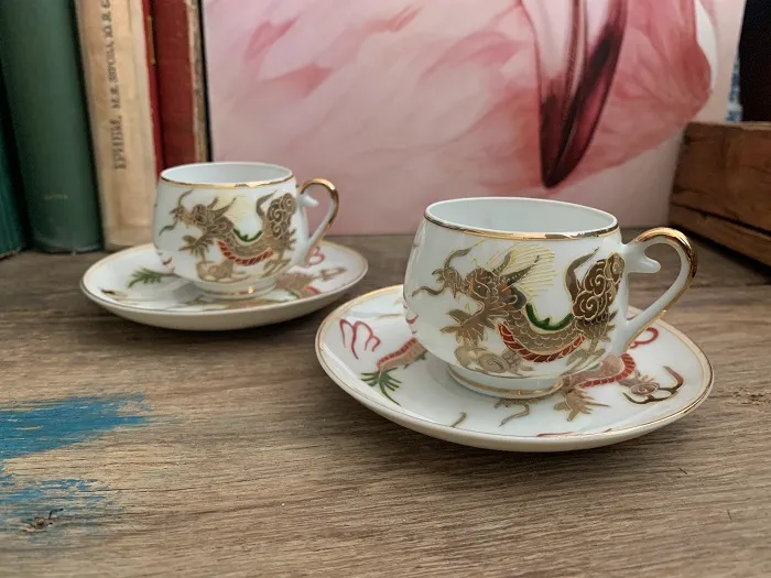 1900年前後 陶器 コーヒー・ティーカップ＆ソーサー ドラゴン 龍 ゴールド 里帰り アンティーク