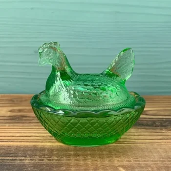 オペークガラスのニワトリ　小物入れ　フランスブロカント フランス 60s ニワトリ グリーンガラス 小物入れ ヴィンテージ