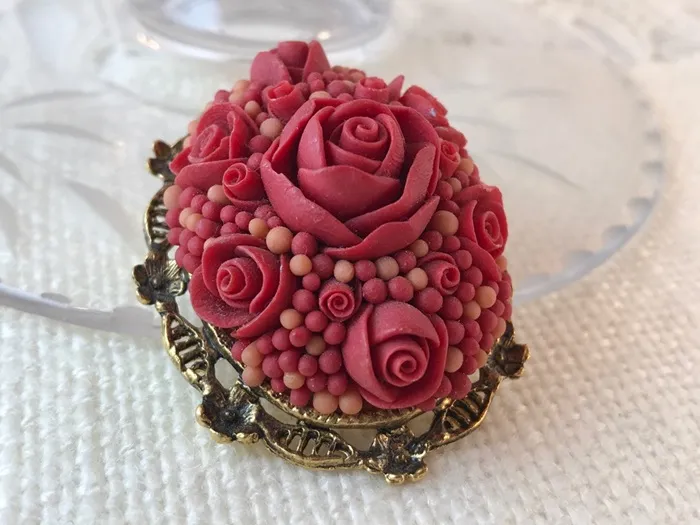 ベルギー 50s  ブローチ パンフラワー 赤い薔薇 アンティーク