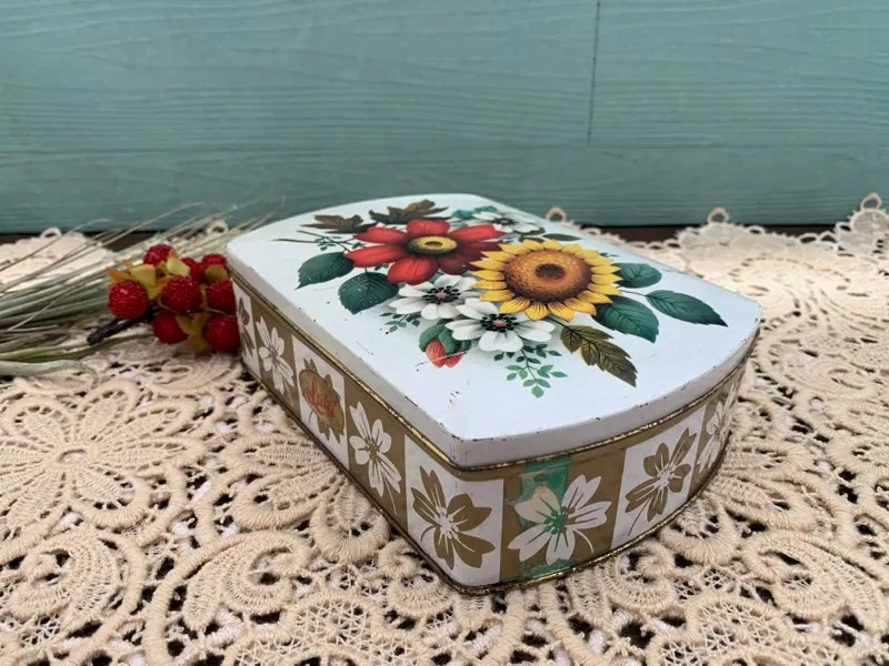 イギリス 70s ティン缶 ひまわり フラワー 花柄 アンティーク