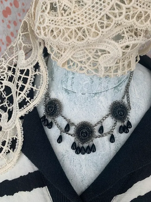 ベルギー 80s ネックレス ブラックガラス ワイヤー ヴィンテージ