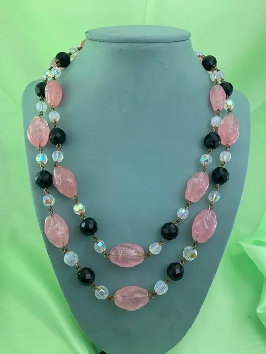 フランス 60s ネックレス ガラス ピンク ブラック ヴィンテージ