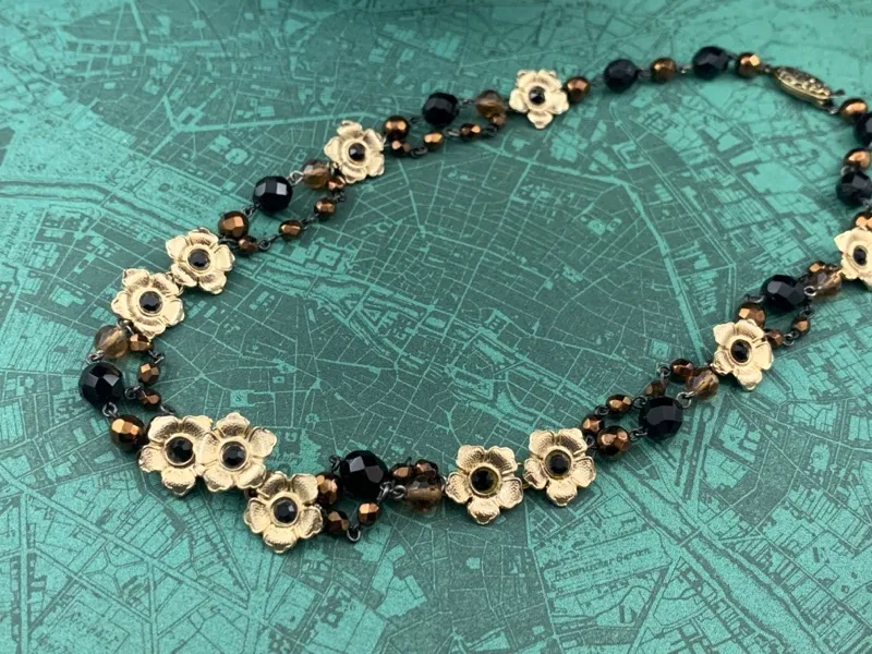 フランス 70s ネックレス フラワー ブラックガラス ヴィンテージ