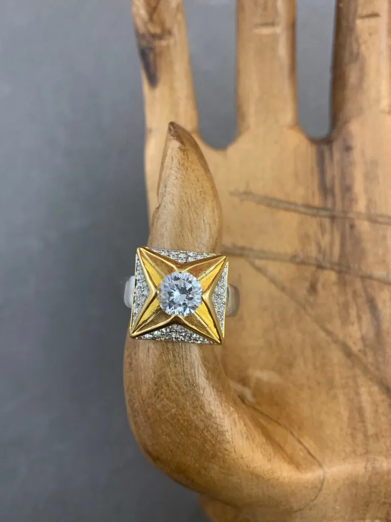 アメリカ 80s リング・指輪 18KRGP 大粒 ガラス ピラミッド シルバー ゴールド ヴィンテージ