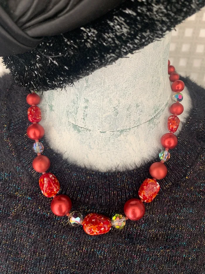 ドイツ 80s ネックレス 赤 ビーズ ガラス ヴィンテージ